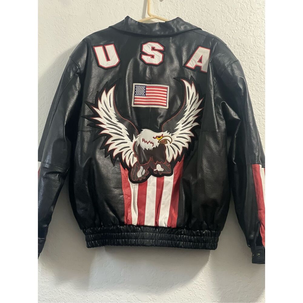Leather USA SZ LG Jacket Motorcyle Black American Eagle Flag Red Biker America